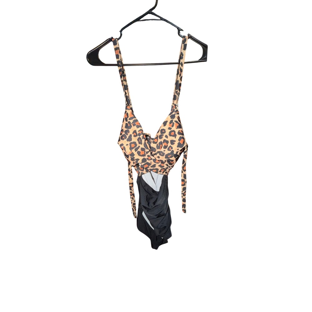 Eomenie Leopard Print One Piece Swimsuit Ruched Tummy Control Monokini Large NEW